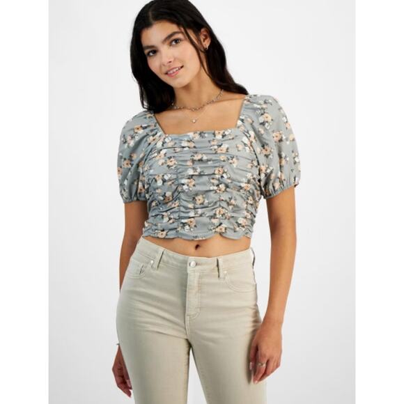 NEW Celebrity Pink Gray Floral Top Size Large Smocked ruched Puff Sleeve Crop - Picture 1 of 11